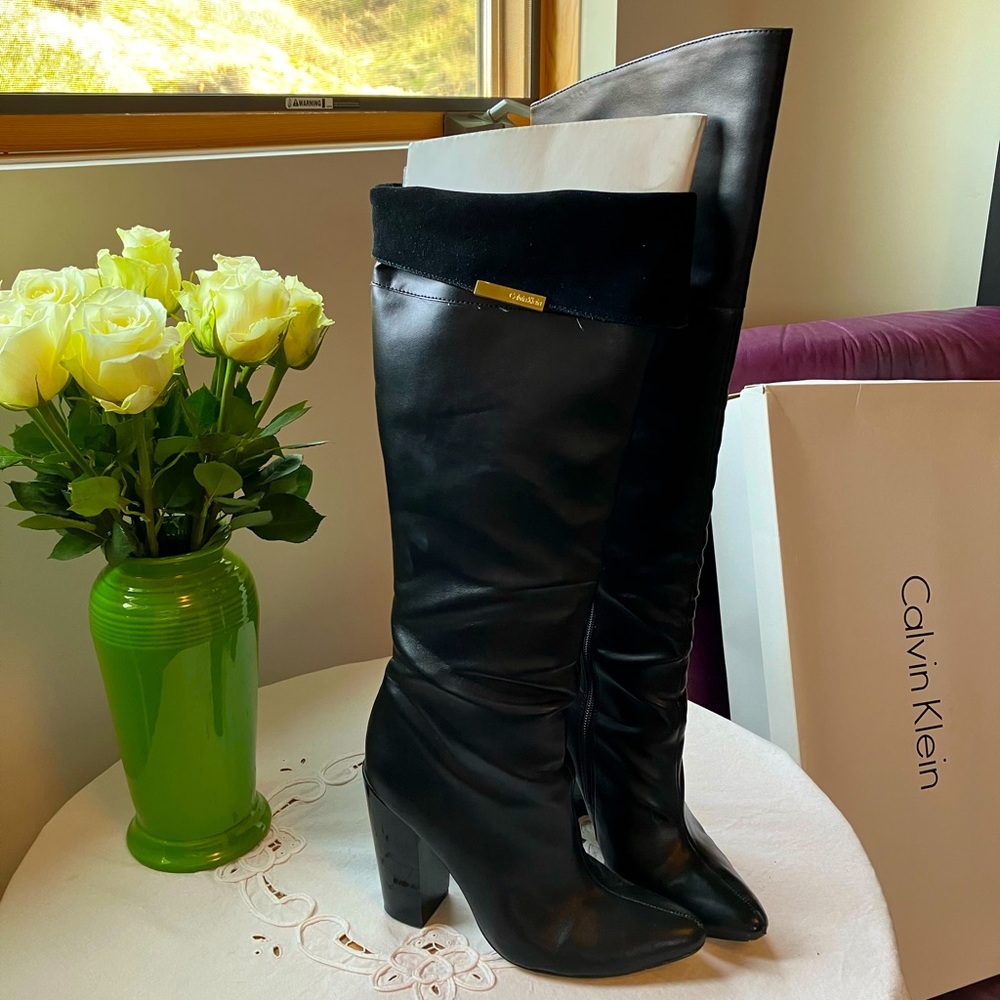 Black Napa leather and suede over the knee, Calvin Klein boots, size 8.